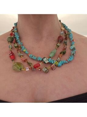 Three Strand Turquoise Multi Beaded Colorful Boho Necklace